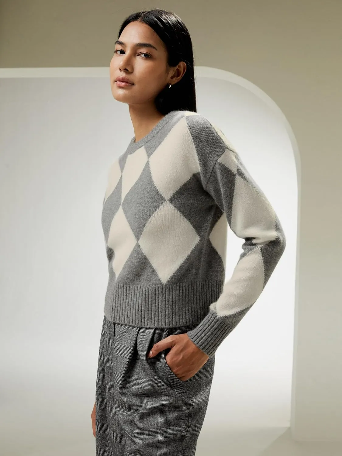LilySilk 100% Cashmere Sweater for Women Elegant Diamond Pattern Cropped Round Neck Pullover for Fall Winter