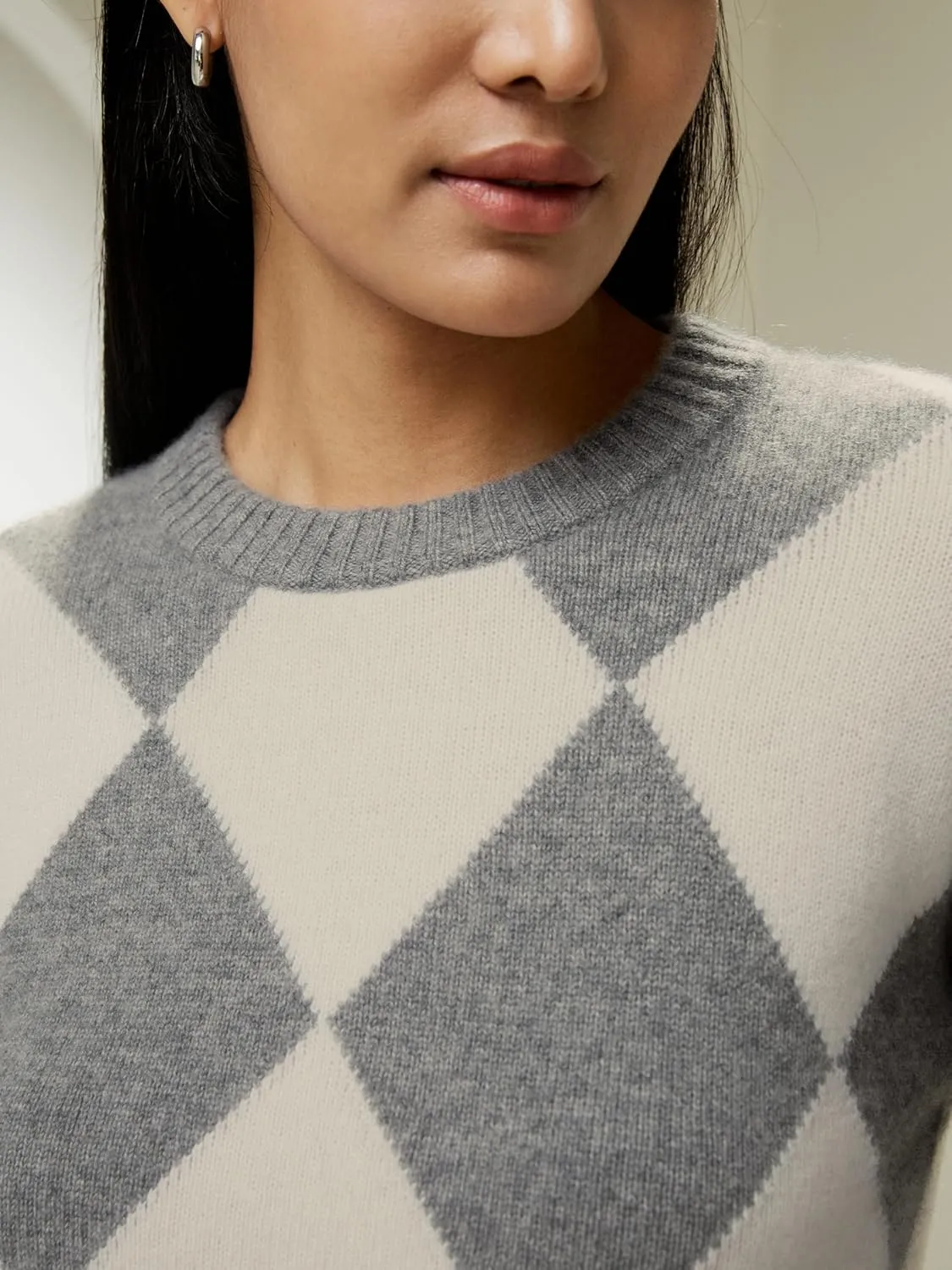 LilySilk 100% Cashmere Sweater for Women Elegant Diamond Pattern Cropped Round Neck Pullover for Fall Winter