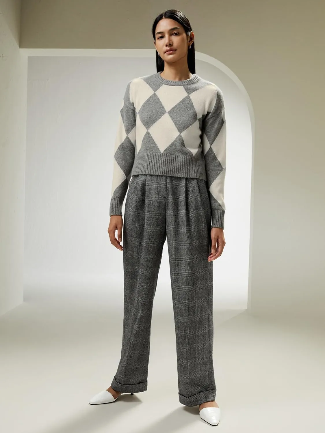 LilySilk 100% Cashmere Sweater for Women Elegant Diamond Pattern Cropped Round Neck Pullover for Fall Winter