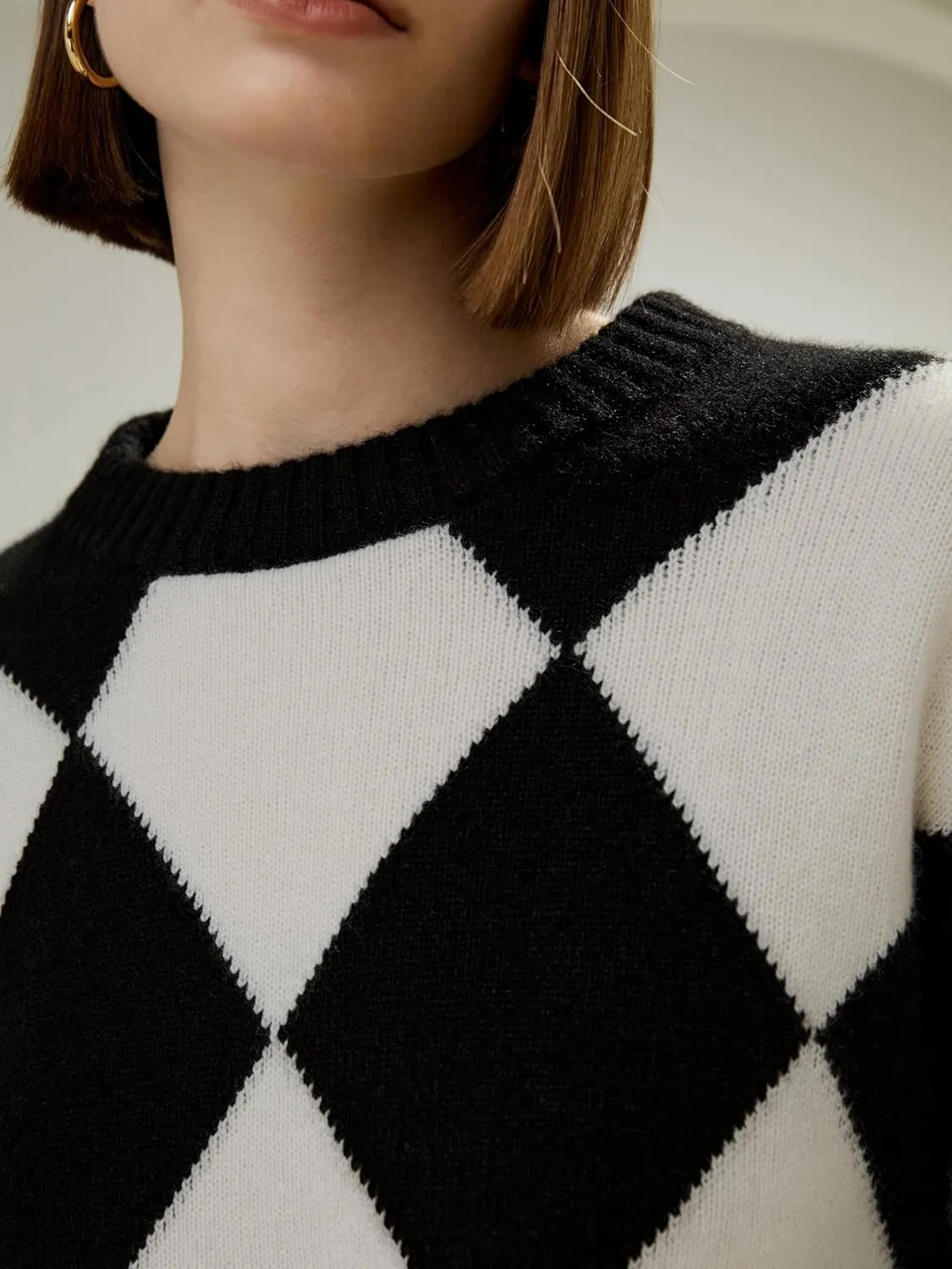 LilySilk 100% Cashmere Sweater for Women Elegant Diamond Pattern Cropped Round Neck Pullover for Fall Winter