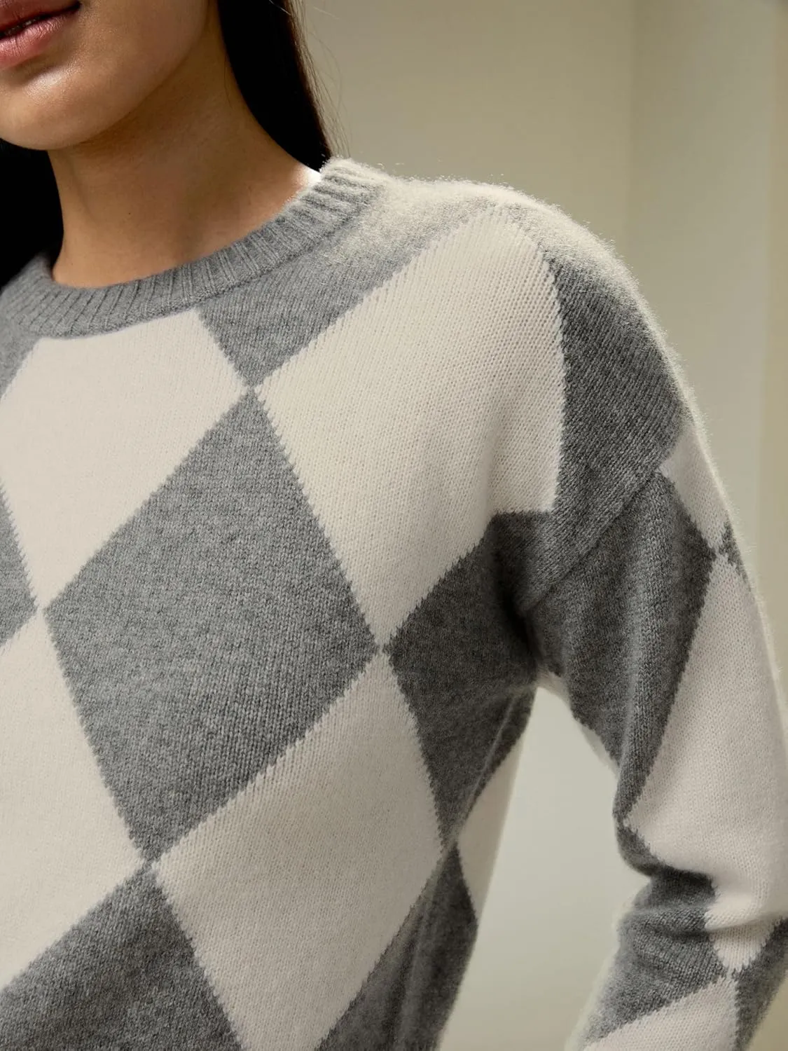 LilySilk 100% Cashmere Sweater for Women Elegant Diamond Pattern Cropped Round Neck Pullover for Fall Winter