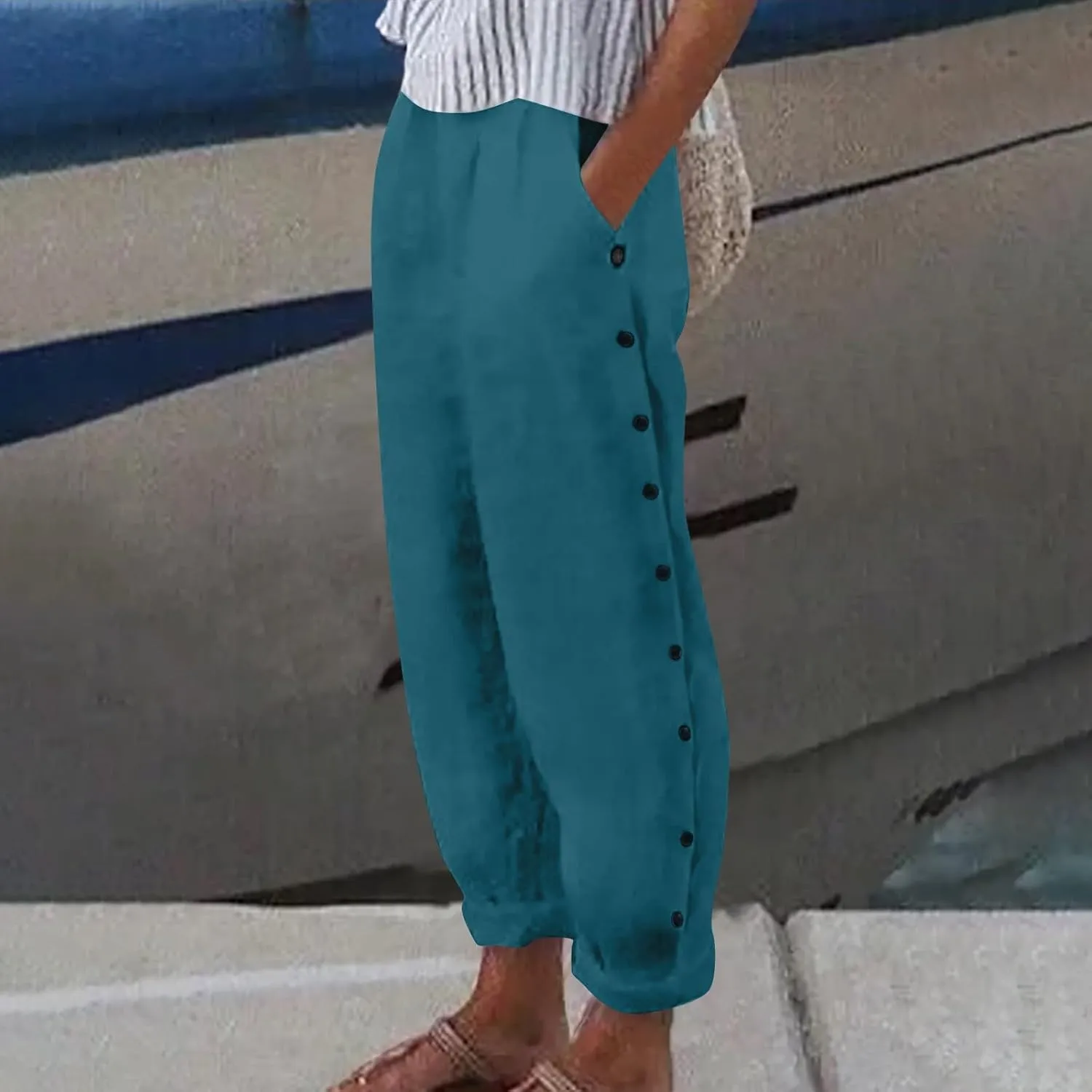 Linen Pants for Women Wide Straight Leg Striped Side Button Elastic Pants Casual Baggy Trousers with Pocket