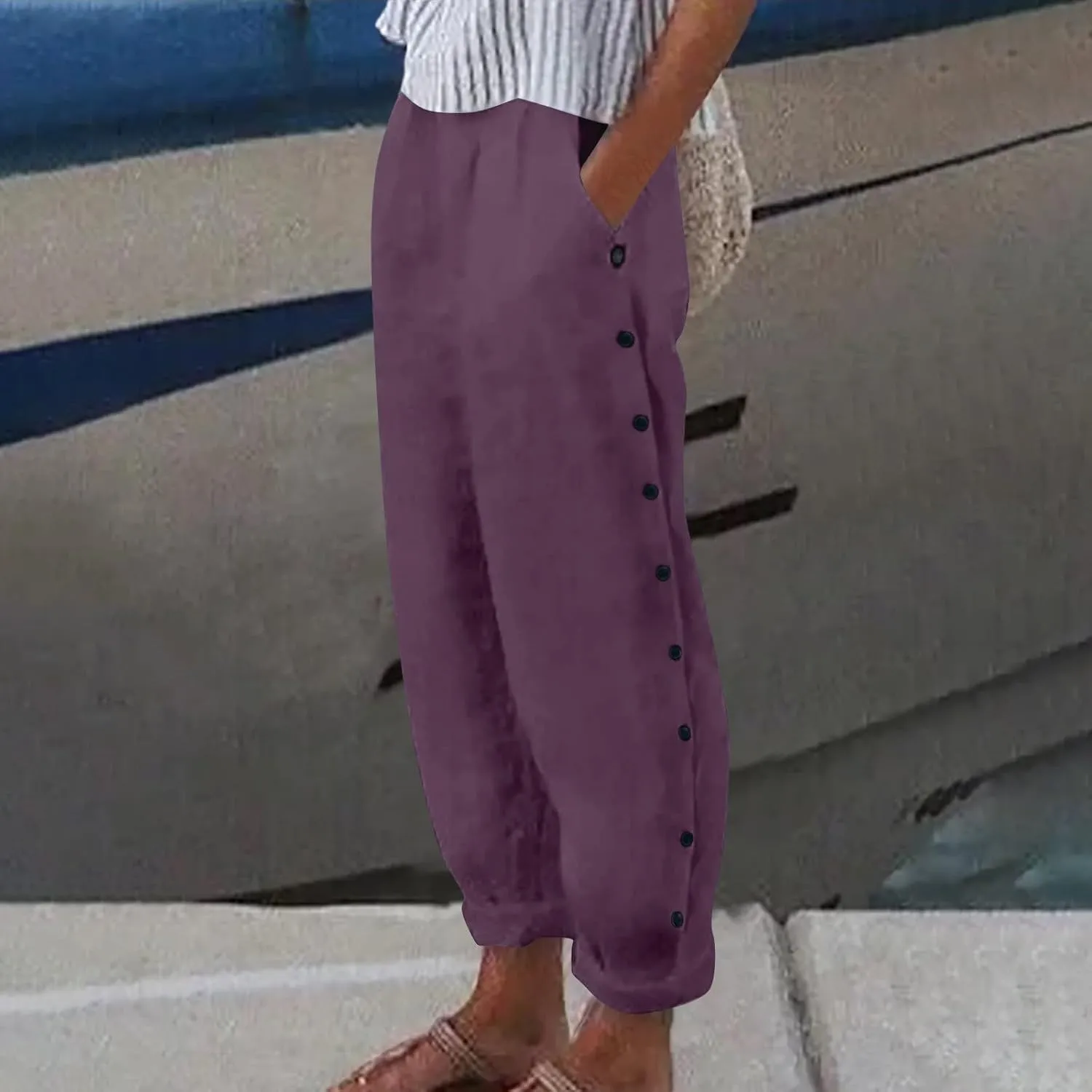 Linen Pants for Women Wide Straight Leg Striped Side Button Elastic Pants Casual Baggy Trousers with Pocket