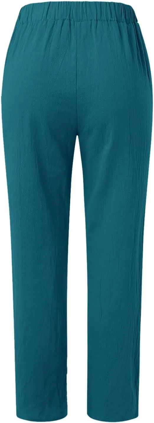 Linen Pants for Women Wide Straight Leg Striped Side Button Elastic Pants Casual Baggy Trousers with Pocket