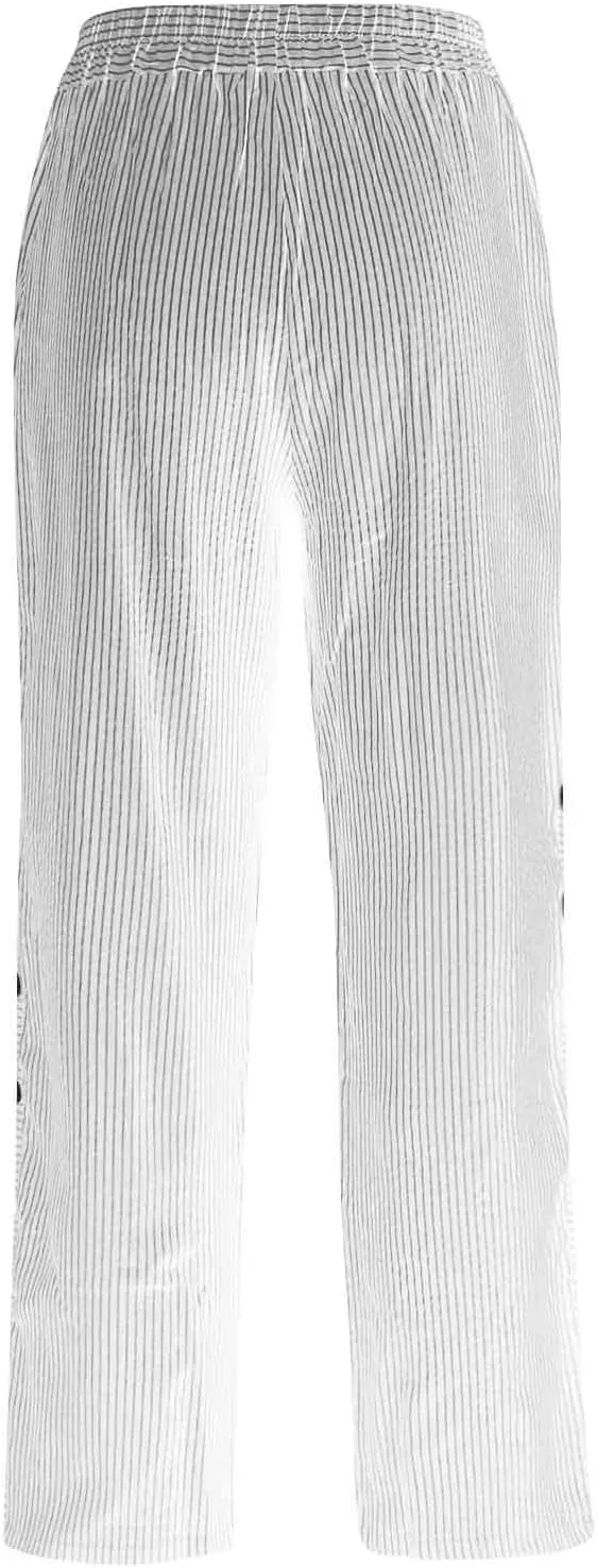 Linen Pants for Women Wide Straight Leg Striped Side Button Elastic Pants Casual Baggy Trousers with Pocket
