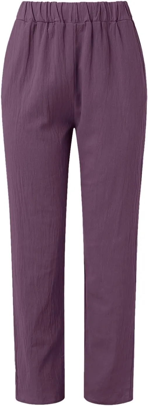 Linen Pants for Women Wide Straight Leg Striped Side Button Elastic Pants Casual Baggy Trousers with Pocket