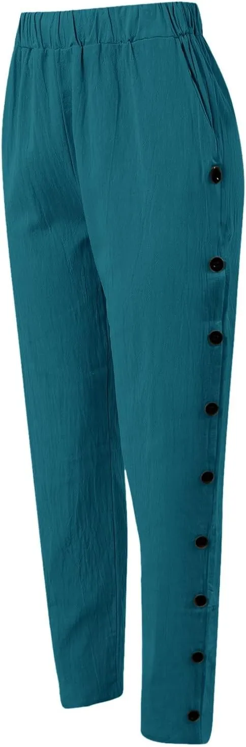 Linen Pants for Women Wide Straight Leg Striped Side Button Elastic Pants Casual Baggy Trousers with Pocket