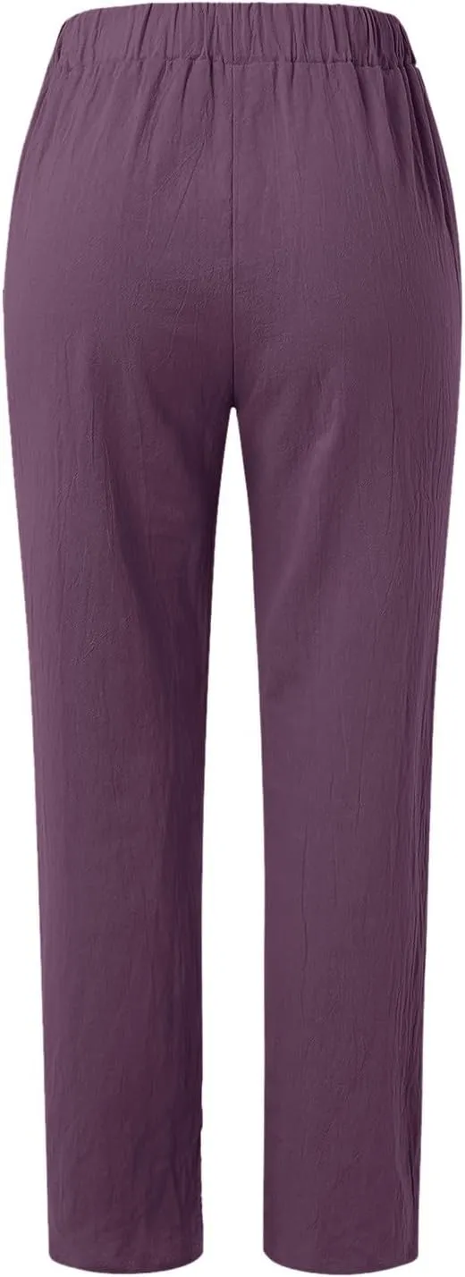 Linen Pants for Women Wide Straight Leg Striped Side Button Elastic Pants Casual Baggy Trousers with Pocket