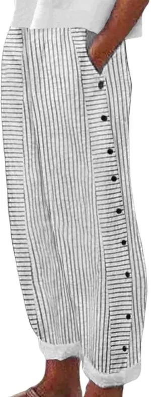 Linen Pants for Women Wide Straight Leg Striped Side Button Elastic Pants Casual Baggy Trousers with Pocket
