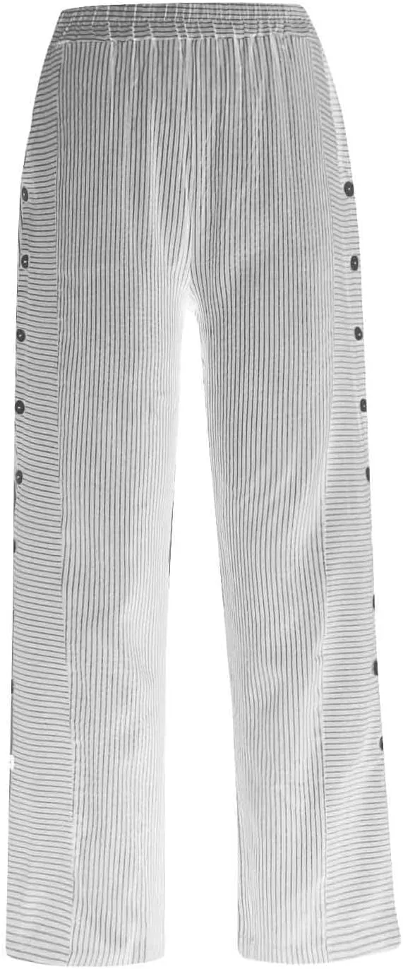 Linen Pants for Women Wide Straight Leg Striped Side Button Elastic Pants Casual Baggy Trousers with Pocket