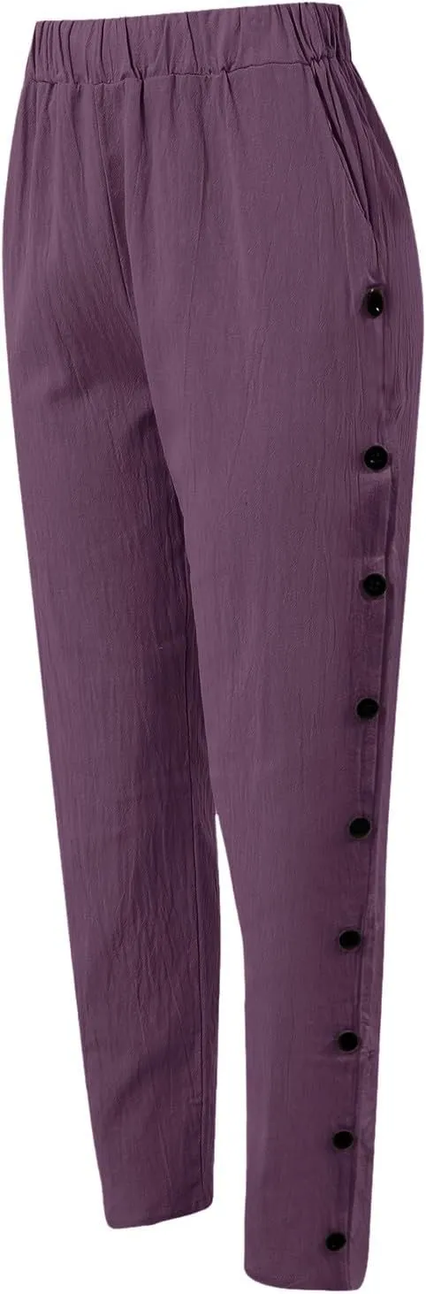Linen Pants for Women Wide Straight Leg Striped Side Button Elastic Pants Casual Baggy Trousers with Pocket