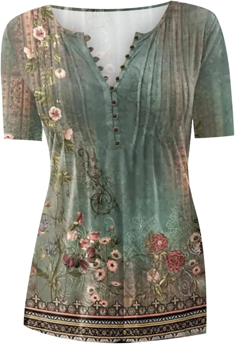 Linen Shirts for Women,Short Sleeve Tops 2025 Summer T Shirt Casual V Neck Button Printed Blouse Plus Size Tees