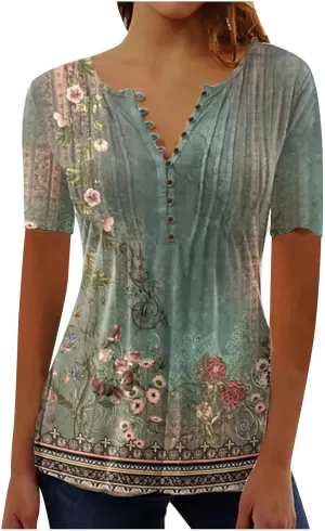 Linen Shirts for Women,Short Sleeve Tops 2025 Summer T Shirt Casual V Neck Button Printed Blouse Plus Size Tees