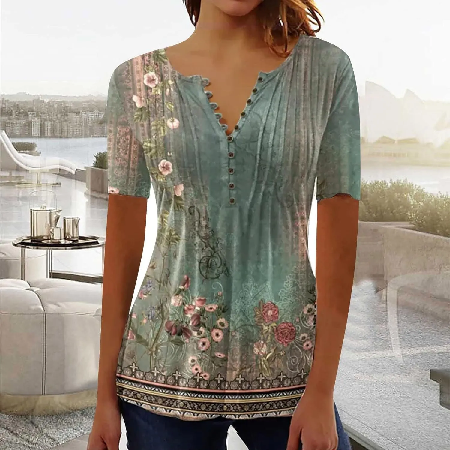 Linen Shirts for Women,Short Sleeve Tops 2025 Summer T Shirt Casual V Neck Button Printed Blouse Plus Size Tees