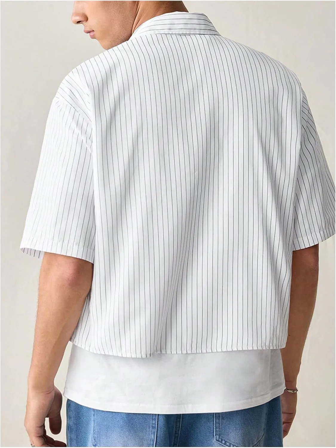 Men's Striped Summer Shirts Letter Embroidered Short Sleeve Button Up Collared Cool T-Shirt with Pocket