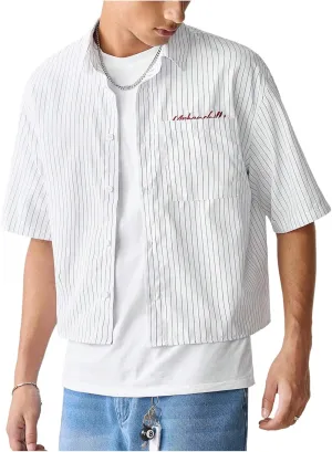Men's Striped Summer Shirts Letter Embroidered Short Sleeve Button Up Collared Cool T-Shirt with Pocket