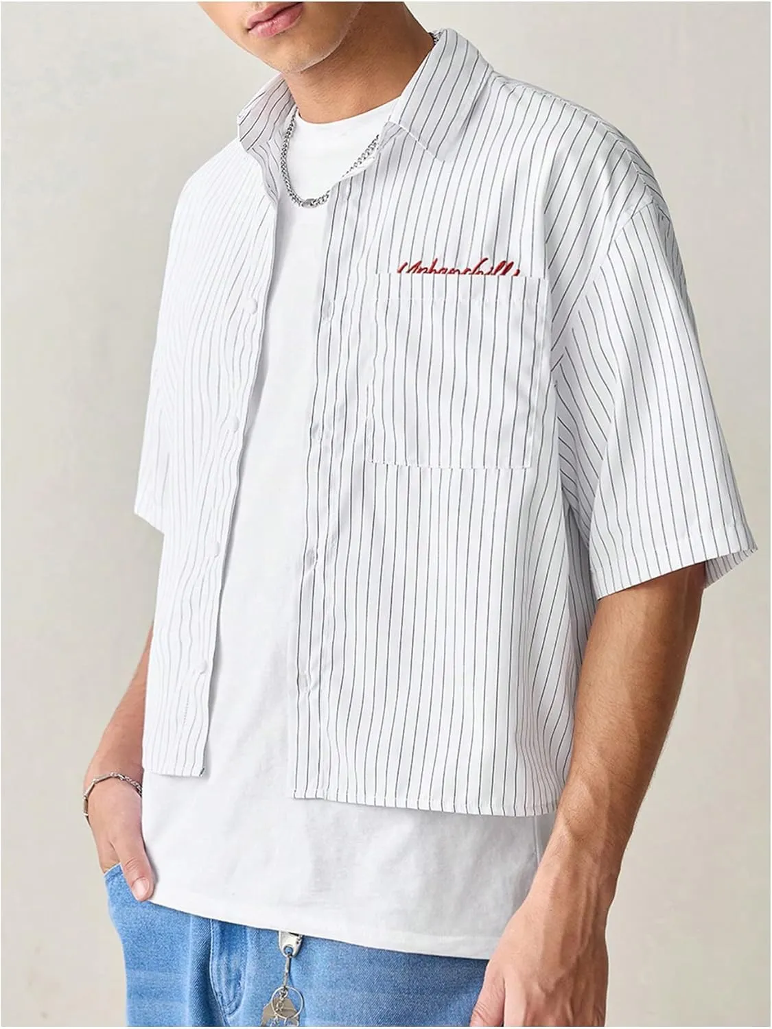Men's Striped Summer Shirts Letter Embroidered Short Sleeve Button Up Collared Cool T-Shirt with Pocket