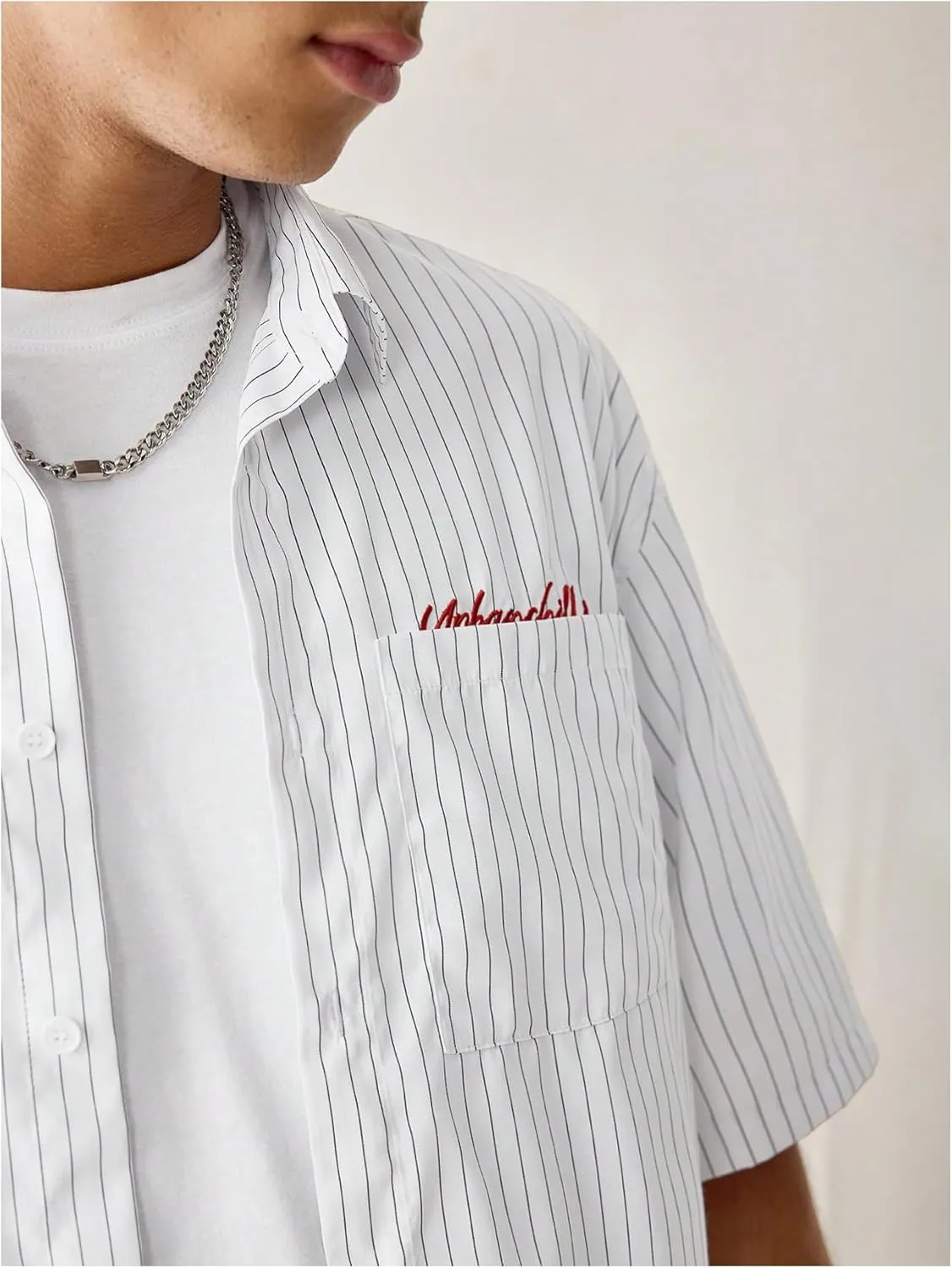 Men's Striped Summer Shirts Letter Embroidered Short Sleeve Button Up Collared Cool T-Shirt with Pocket