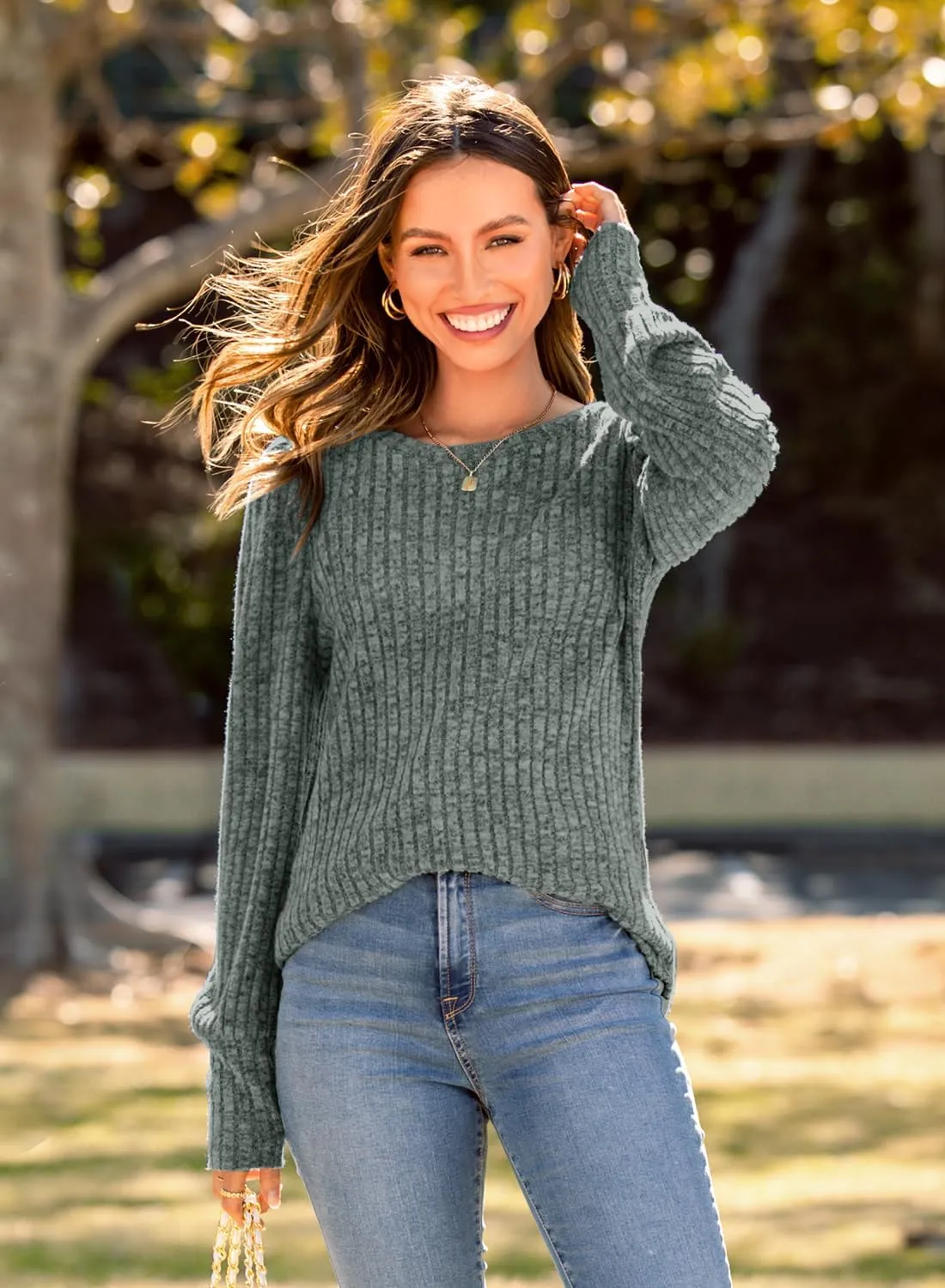 MIHOLL Women's Puff Long Sleeve Shirts Casual Knit Blouses Crew Neck Elegant Tunic Tops
