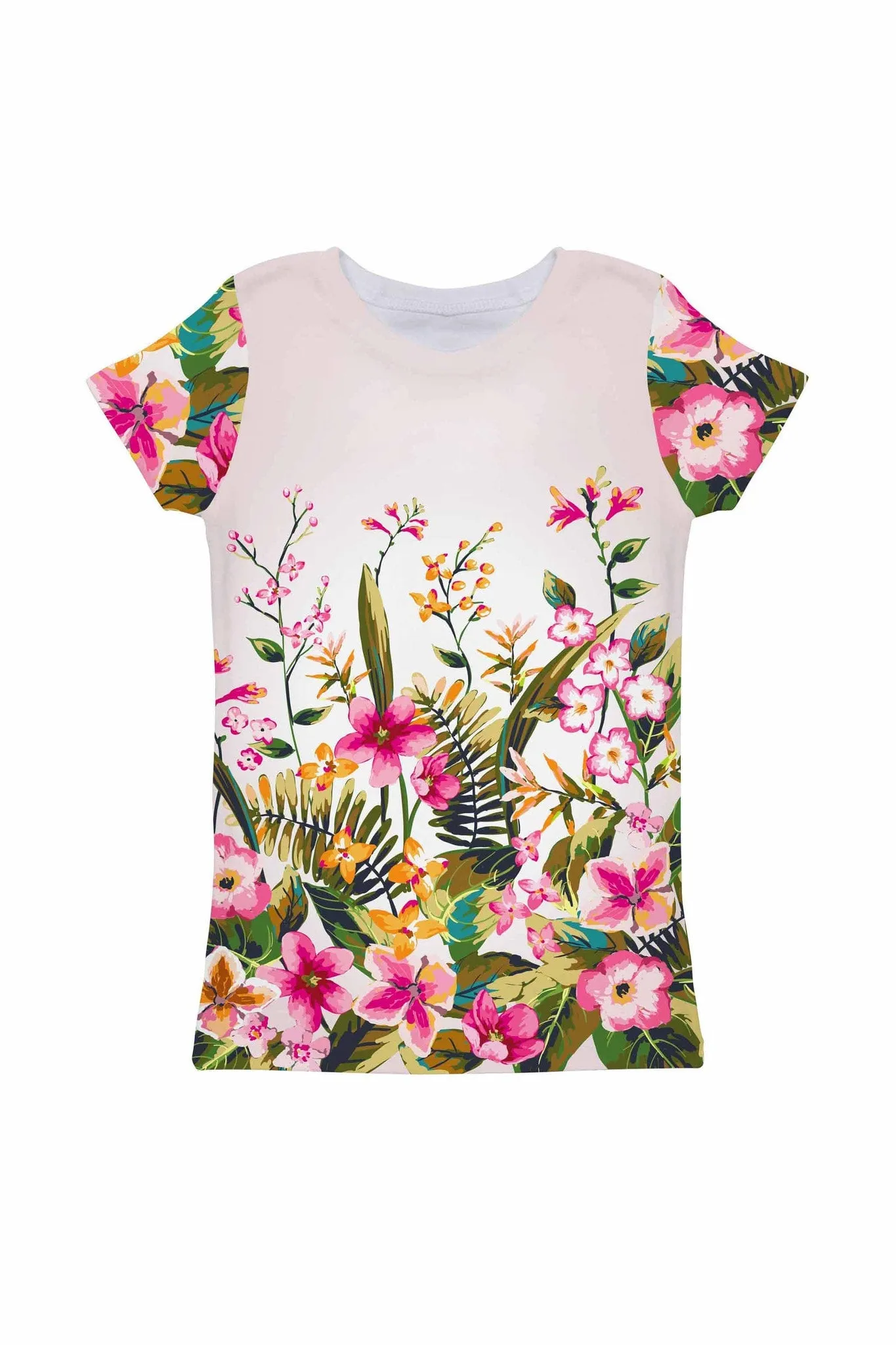 Mountain Garden Zoe White Floral Tropical Print Summer Eco Tee - Girls