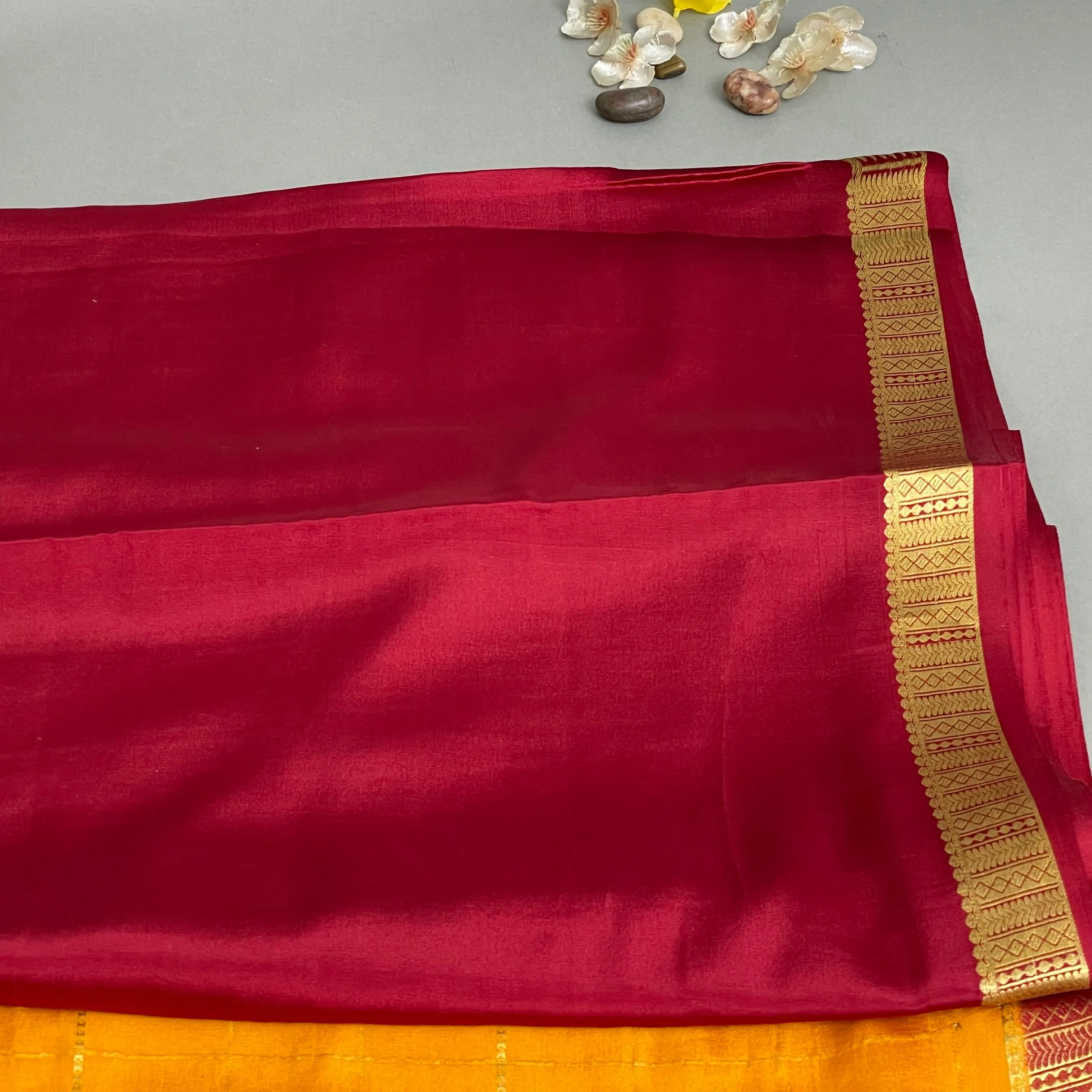 Mysore Silk Saree-  Mustard Yellow with over all Gold checks, and Maroon Thin Border (Attached Blouse Material)