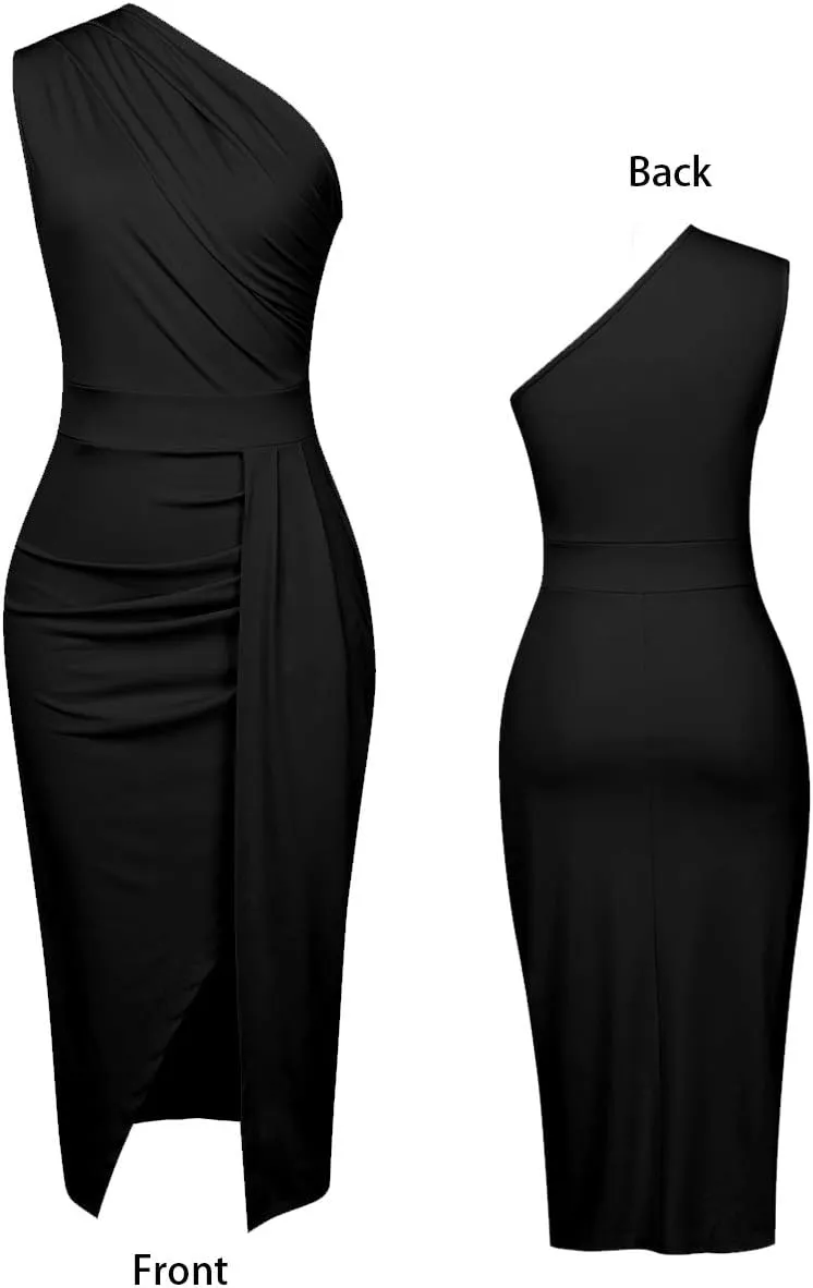 Nature Comfy LilyIn Womens Elegant one Shoulder Sleeveless Ruched High Slit Solid Color Cocktail Party Dresses