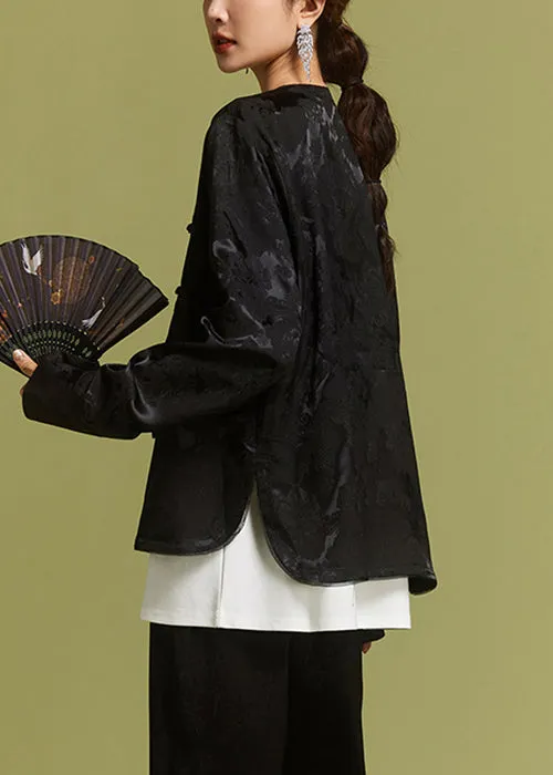 New Black O-Neck Button Side Open Silk Coat AC1017