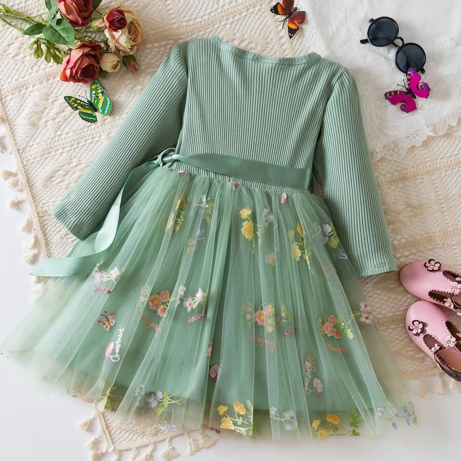 NNJXD Baby Girl Flower Embroidery Tulle Dress Elegant Toddler Birthday Party Dresses