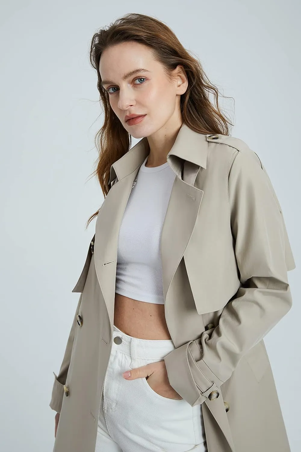Orolay Women's Classic Trench Coat 3/4 Length Double-Breasted with Removable Vest