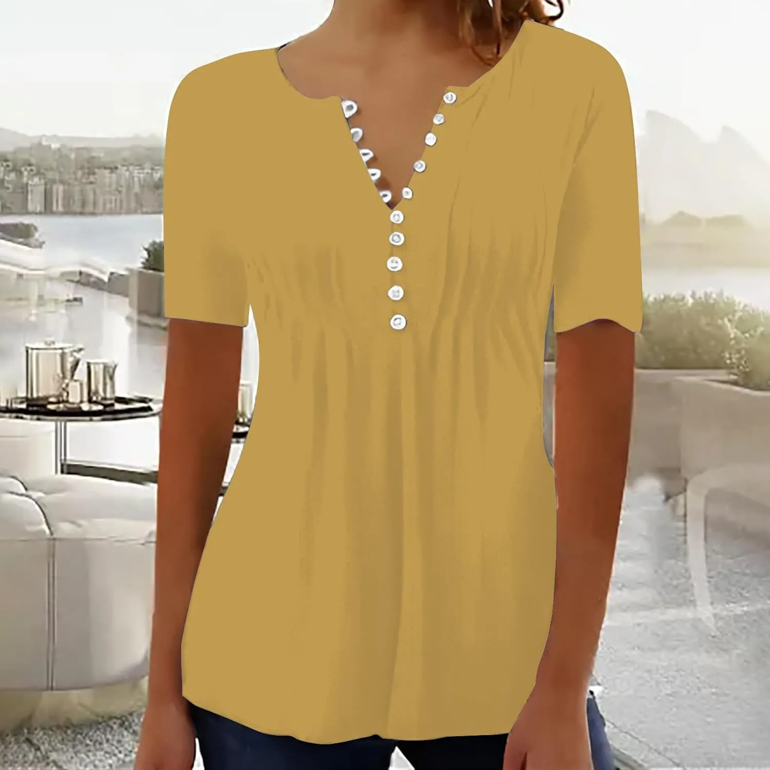 Plus Size Boho Tops for Women,Short Sleeve Tops 2025 Trendy Summer T Shirt Casual V Neck Button Printed Blouse