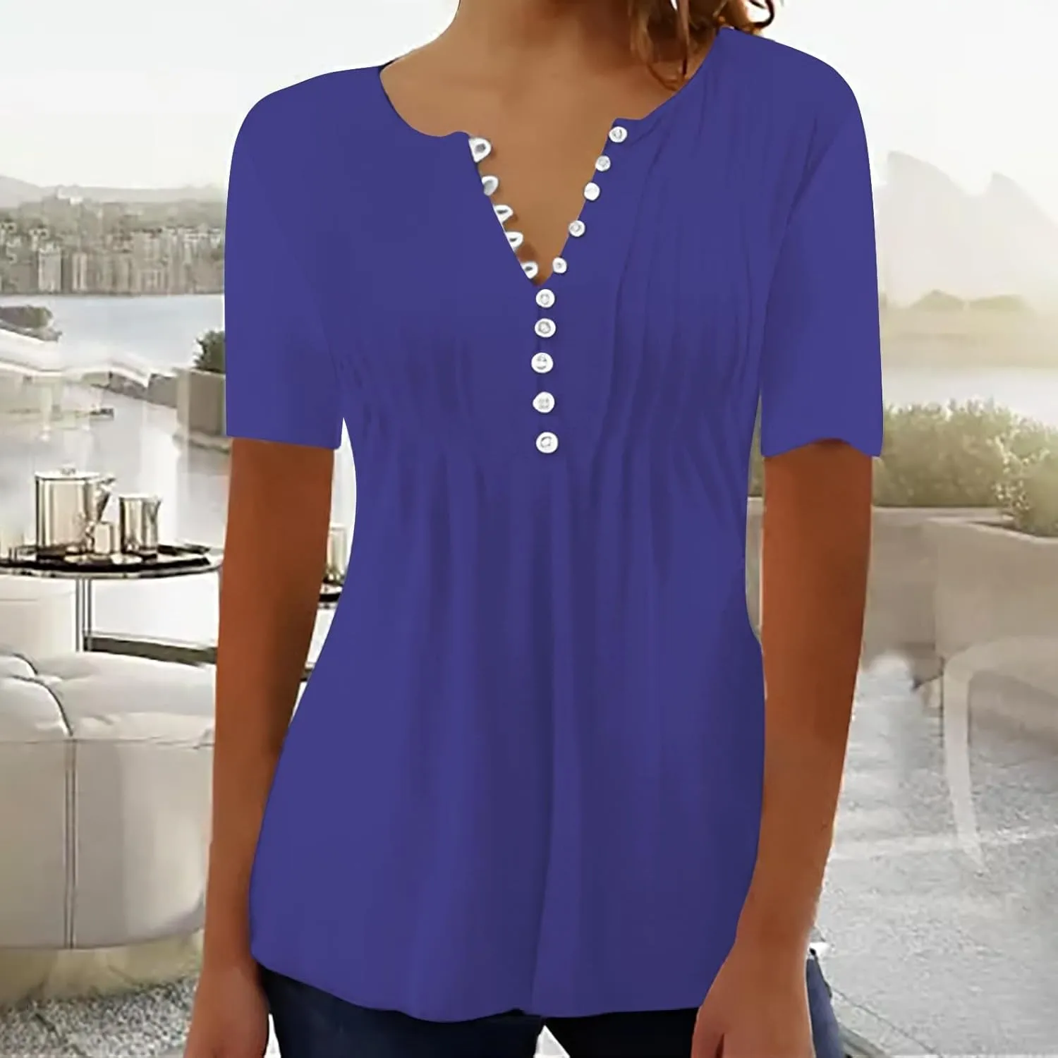 Plus Size Boho Tops for Women,Short Sleeve Tops 2025 Trendy Summer T Shirt Casual V Neck Button Printed Blouse