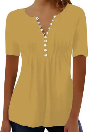 Plus Size Boho Tops for Women,Short Sleeve Tops 2025 Trendy Summer T Shirt Casual V Neck Button Printed Blouse