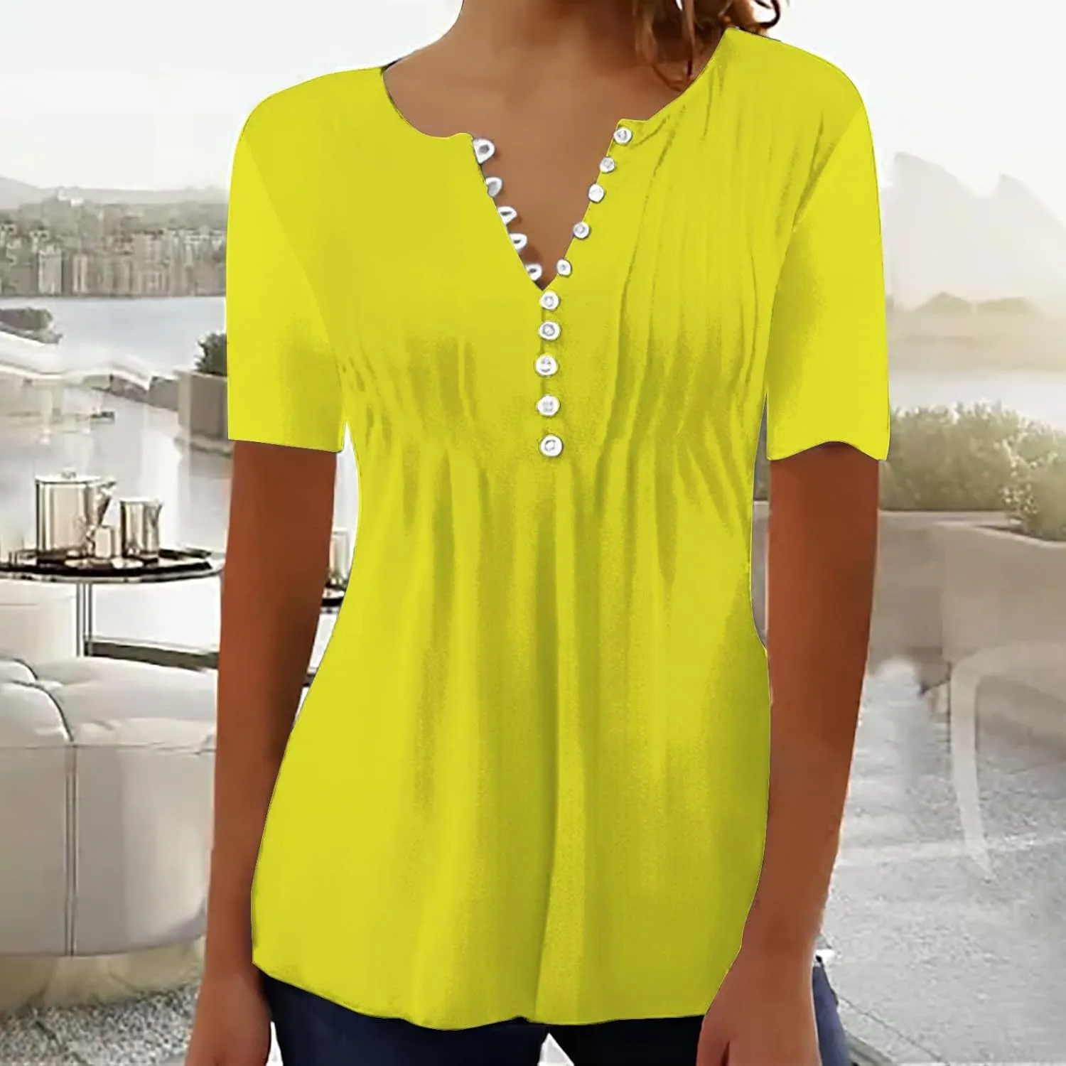 Plus Size Boho Tops for Women,Short Sleeve Tops 2025 Trendy Summer T Shirt Casual V Neck Button Printed Blouse