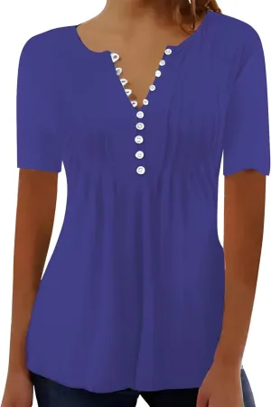 Plus Size Boho Tops for Women,Short Sleeve Tops 2025 Trendy Summer T Shirt Casual V Neck Button Printed Blouse