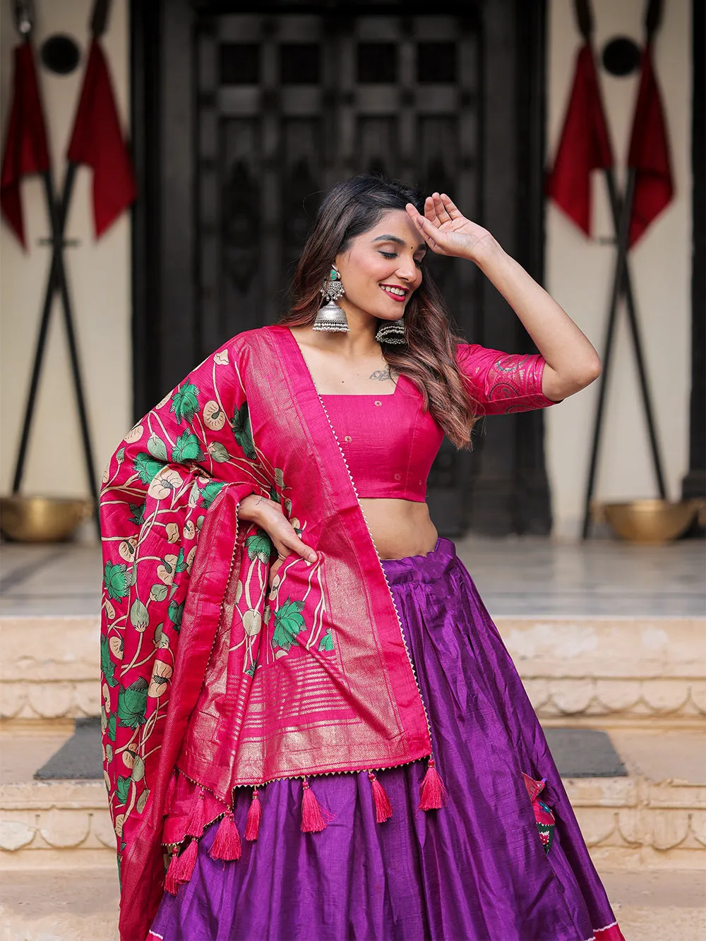 Purple Color Printed With Foil Work Dola Silk Lehenga Choli