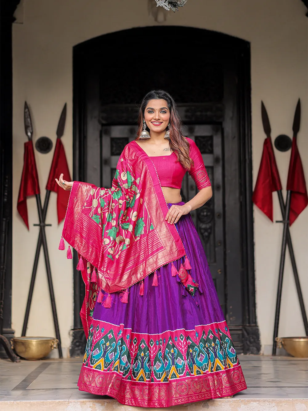 Purple Color Printed With Foil Work Dola Silk Lehenga Choli