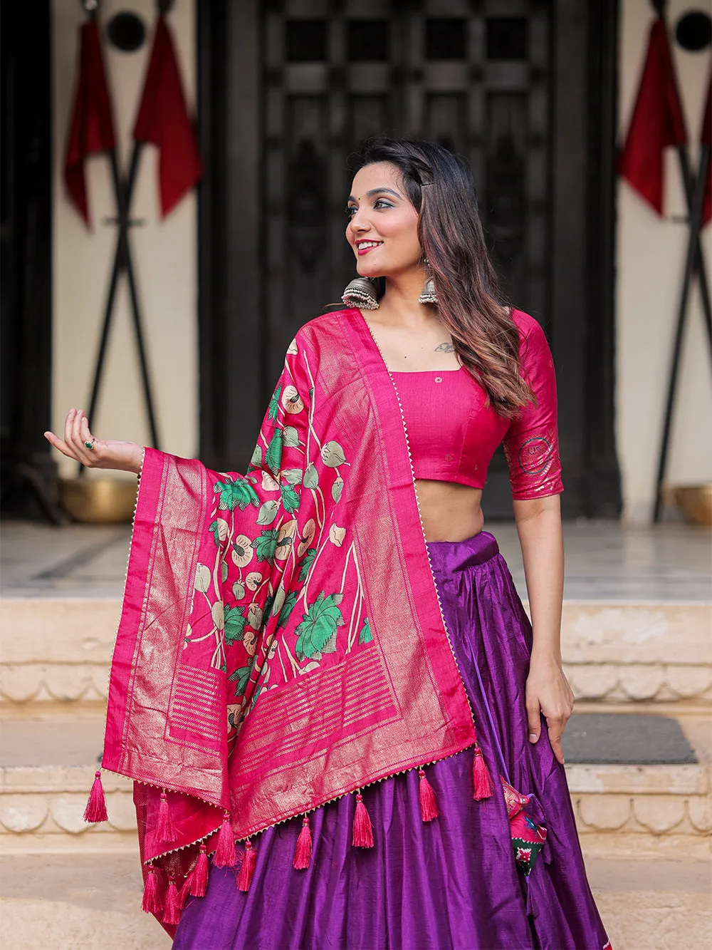 Purple Color Printed With Foil Work Dola Silk Lehenga Choli