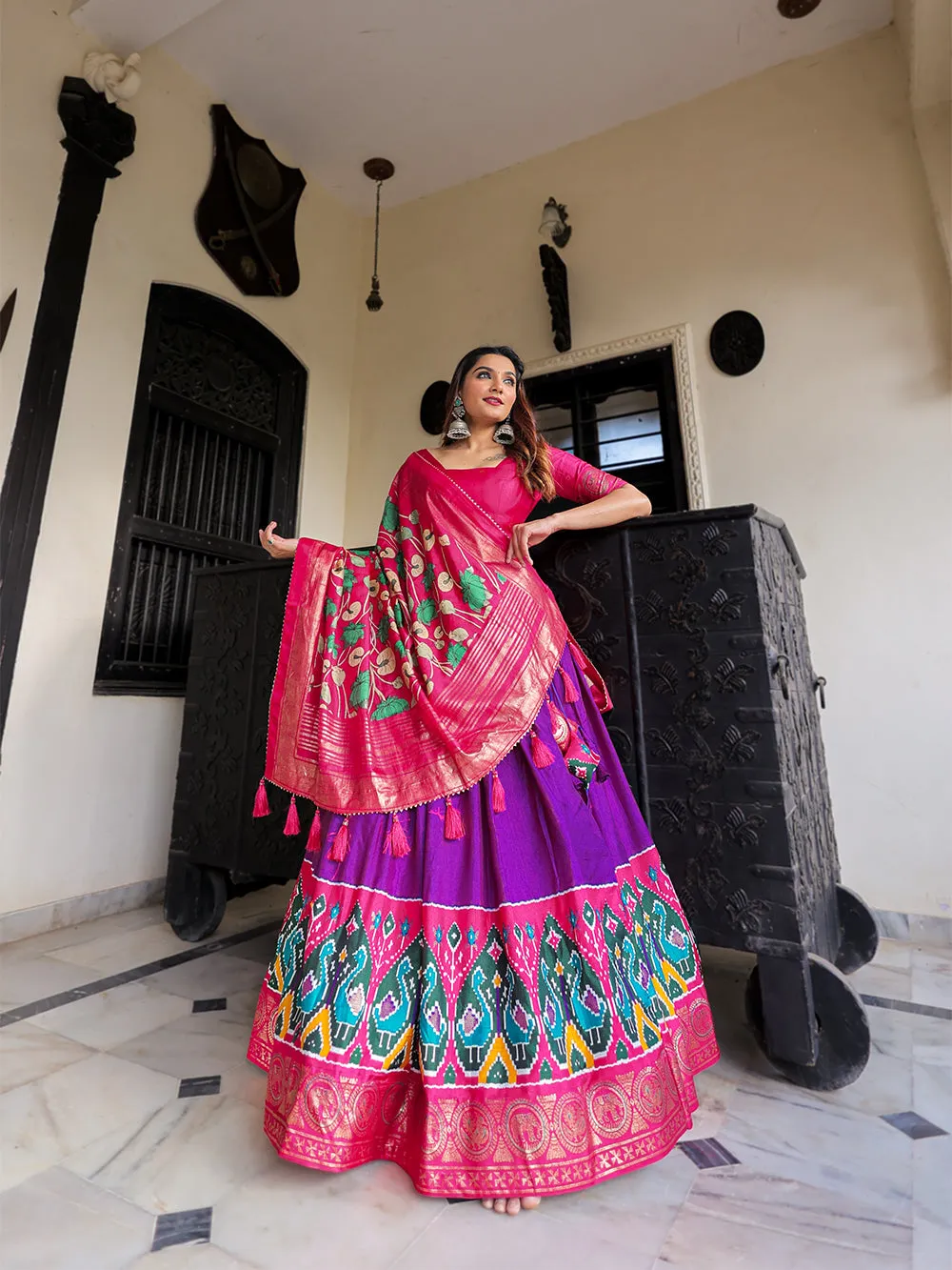 Purple Color Printed With Foil Work Dola Silk Lehenga Choli