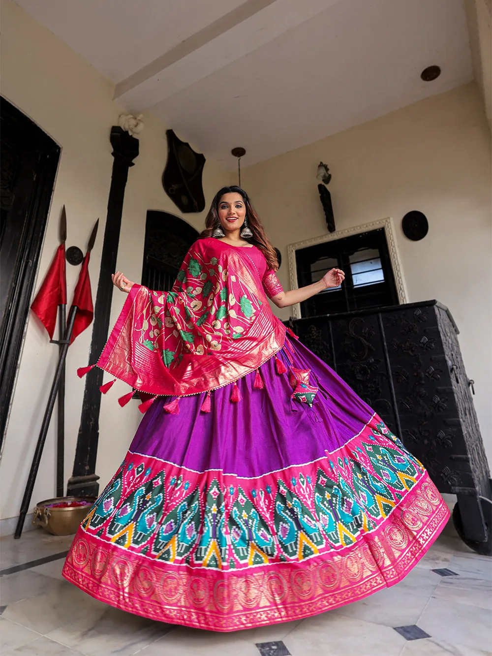 Purple Color Printed With Foil Work Dola Silk Lehenga Choli