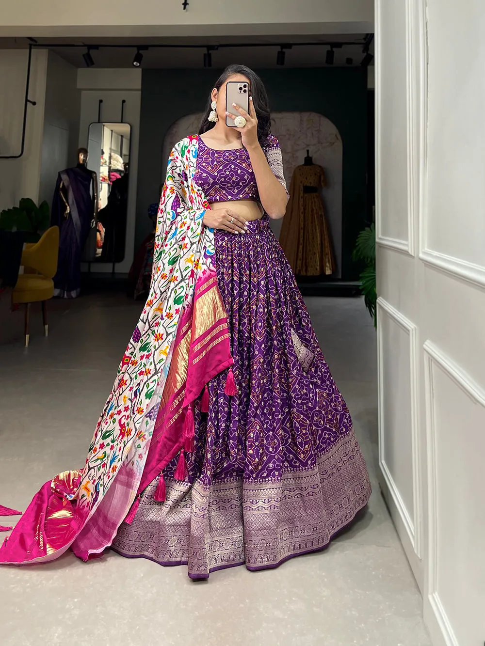 Purple Color Printed With Zari Weaving Work Viscose Dola Silk Lehenga Choli