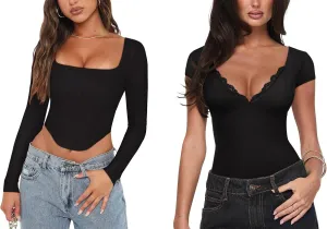 REORIA 1 V Neck Short Sleeve Bodysuit   1 Square Neck Long Sleeve Shirt(1 Piece Each, Size M)