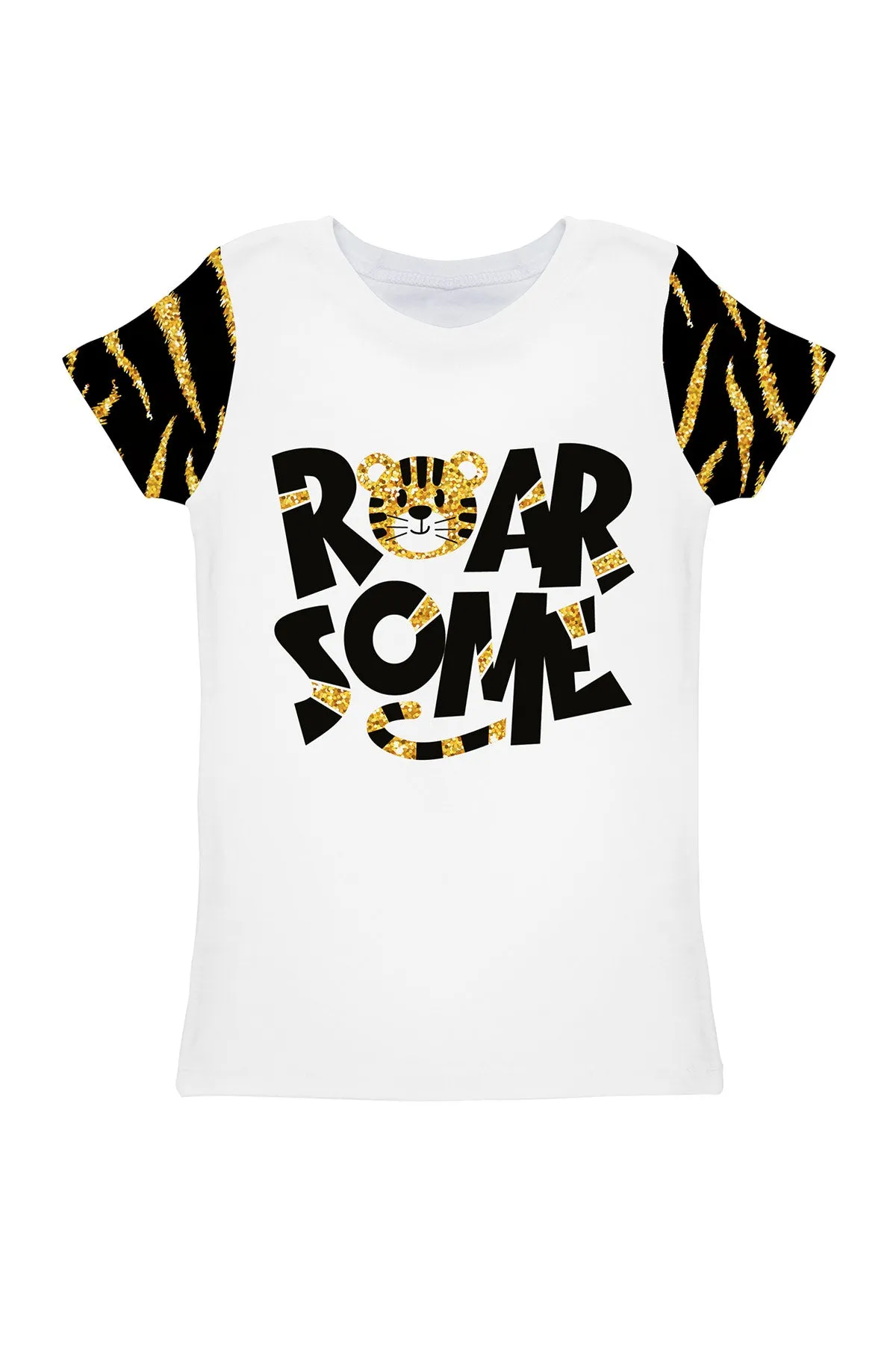 Roarsome Zoe White Designer Slogan Tiger Print Glitter T-Shirt - Girls