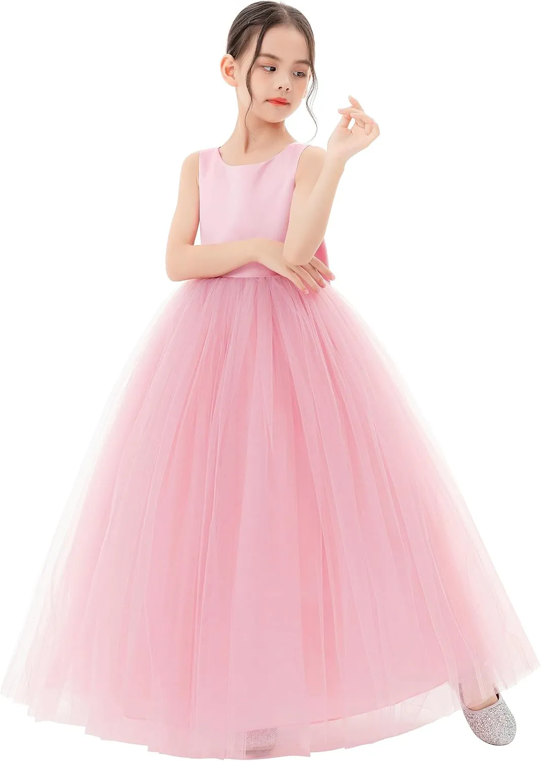 Satin Backless Tulle Flower Girl Dresses for Special Occasions Bridesmaid 722