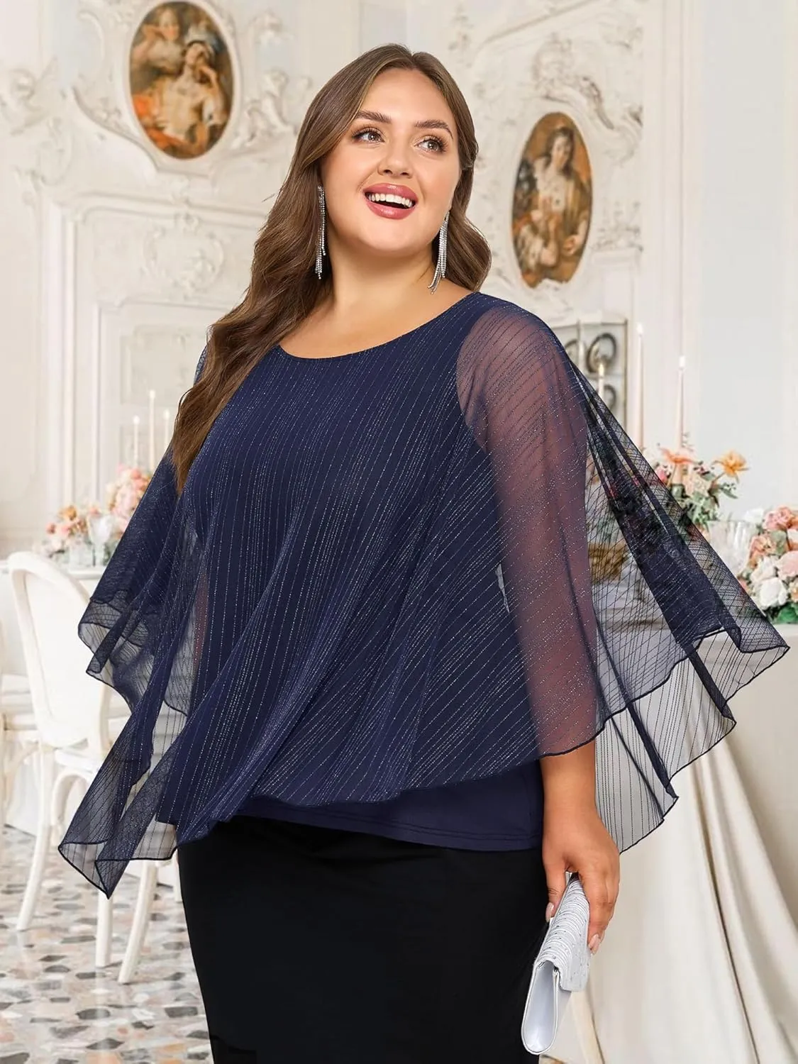 Sparkly Plus Size Top Women's Elegant Evening Wedding Tops Capelet Flowy Shirts Double-Layers Mesh Tunic Blouse