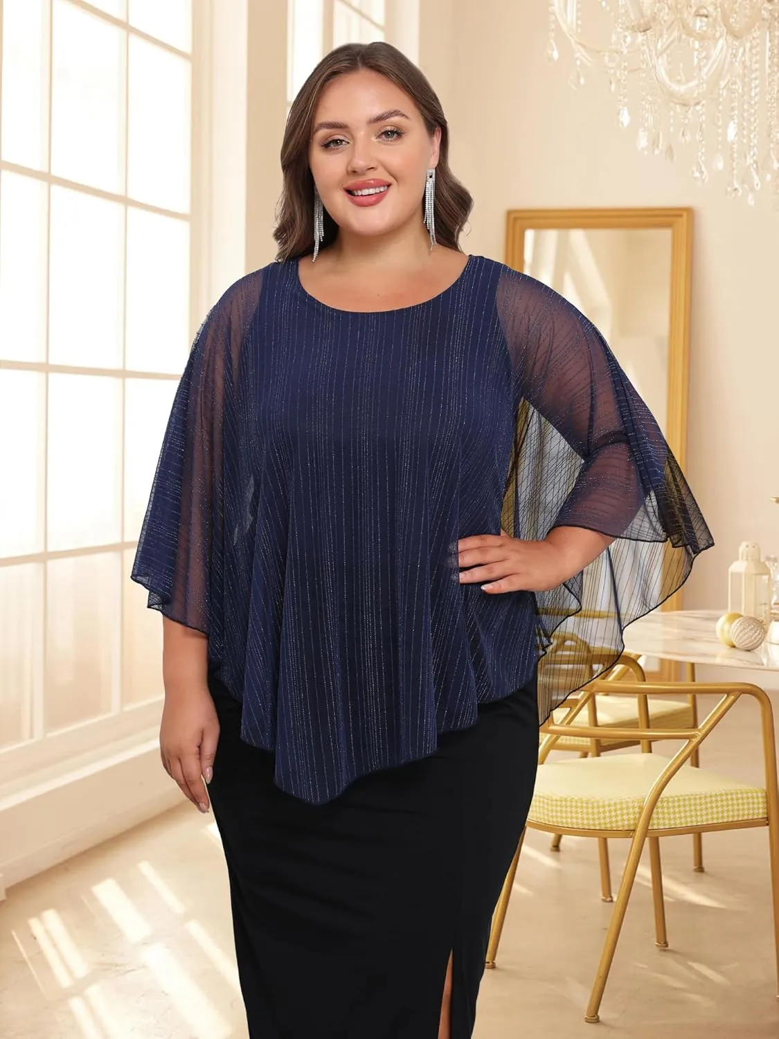 Sparkly Plus Size Top Women's Elegant Evening Wedding Tops Capelet Flowy Shirts Double-Layers Mesh Tunic Blouse
