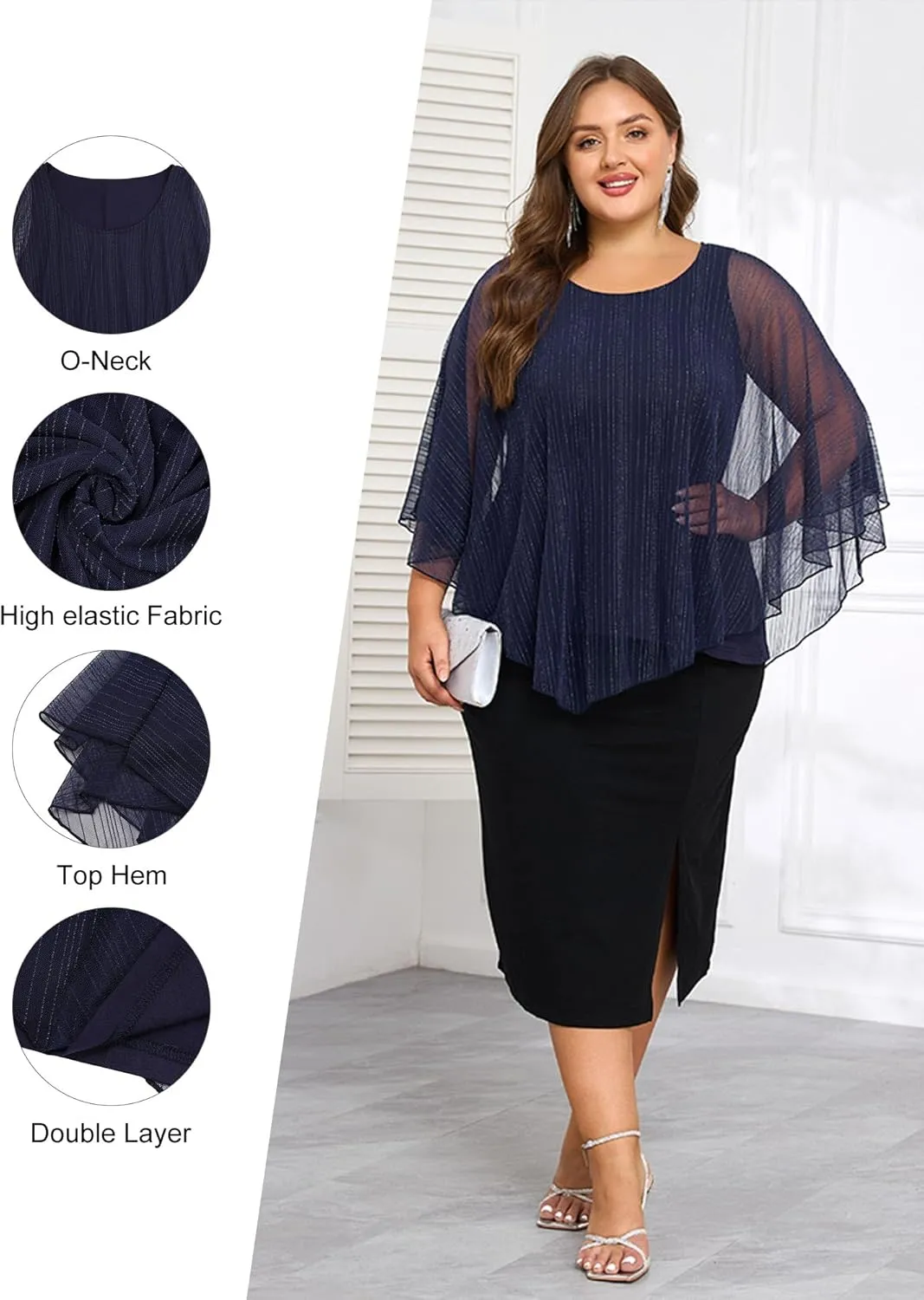Sparkly Plus Size Top Women's Elegant Evening Wedding Tops Capelet Flowy Shirts Double-Layers Mesh Tunic Blouse