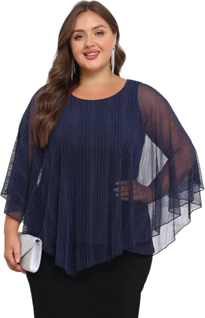 Sparkly Plus Size Top Women's Elegant Evening Wedding Tops Capelet Flowy Shirts Double-Layers Mesh Tunic Blouse