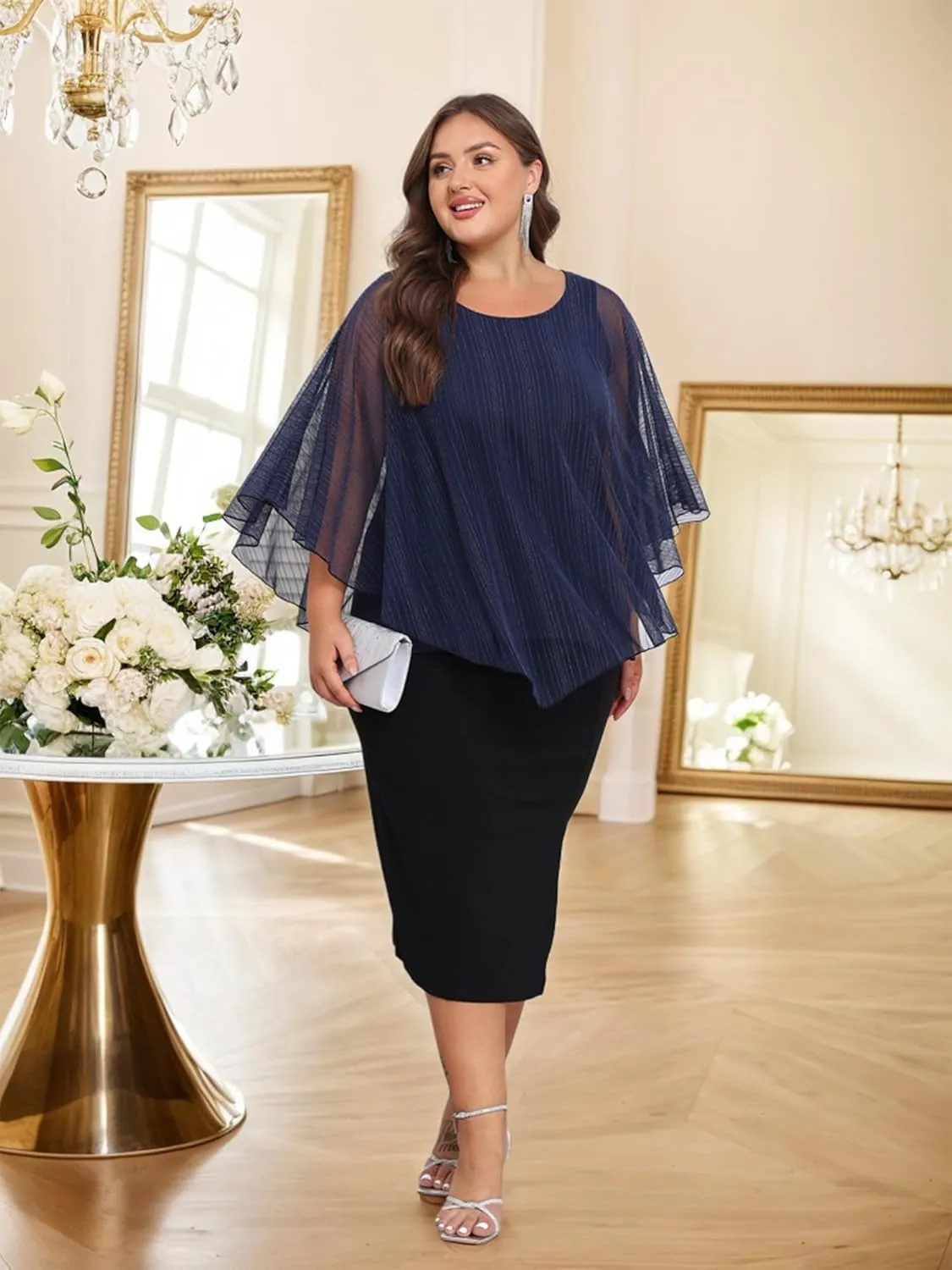 Sparkly Plus Size Top Women's Elegant Evening Wedding Tops Capelet Flowy Shirts Double-Layers Mesh Tunic Blouse