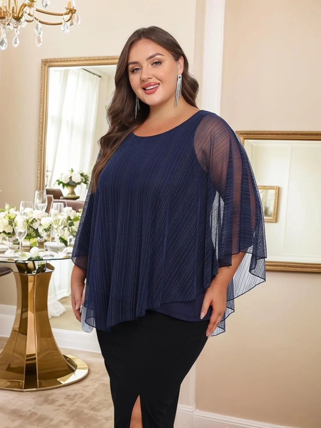 Sparkly Plus Size Top Women's Elegant Evening Wedding Tops Capelet Flowy Shirts Double-Layers Mesh Tunic Blouse