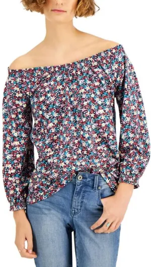 Style & Co. Women's Petite Cotton Printed Convertible Top (Merlot Ditsy, Petite Small)
